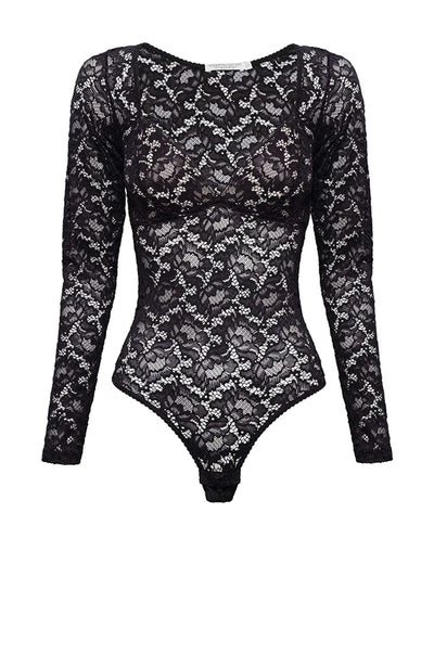 Haute Monde Womens Small Black Floral Lace Sheer Bodysuit NEW #YY96